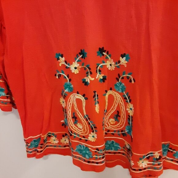 Multiples (PM) Orange Blouse w/Embroidered Flowers on Neck, Front & Sleeves - Picture 2 of 5